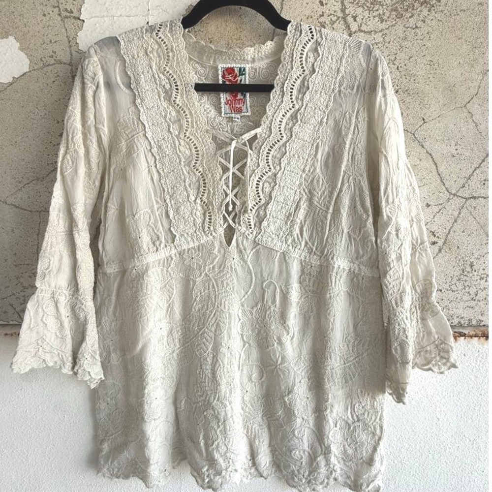 Johnny Was Blouse Embroidered Peasant Rayon Tunic Top Cream Women's XS Boho